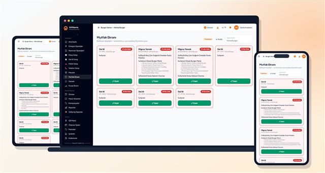 360Sipariş mutfak ekranı — hazırlanan siparişler ve süre sayaçları
